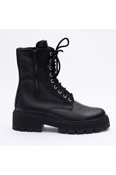 VAGAM Ghete din Piele Naturala Negre cu Siret si Fermoar