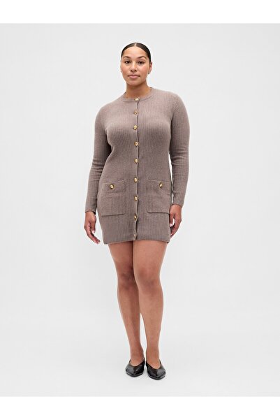 GAP Kadın Açık Kahverengi CashSoft Fitilli Cepli Mini Kazak Elbise