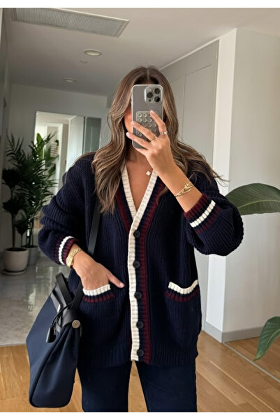 My Blog Navy Blue - Burgundy Colored Pocket Cardigan - 241143