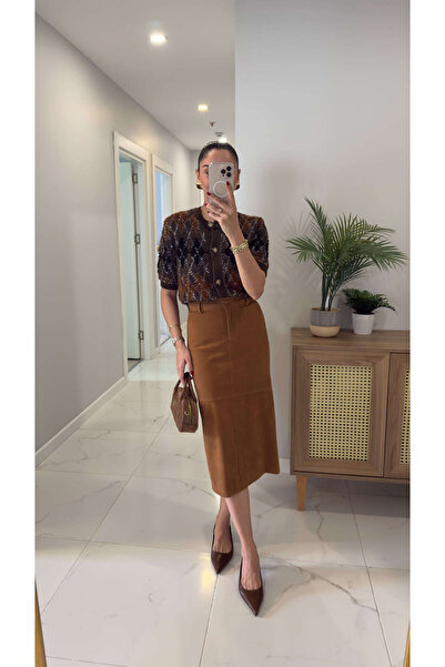 BİRCANÇİL Odera Camel Slit Suede Skirt