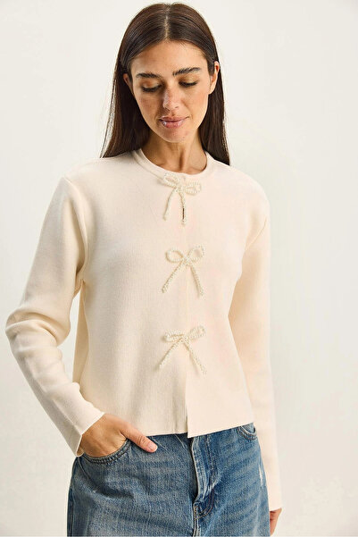 My Blog Cream Bow Bead Detailed Cardigan - 251072