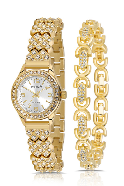 Polo Air Lüx Taşlı Kadın Kol Saati Oval Bileklik Kombin Gold Renk PL-1586B1