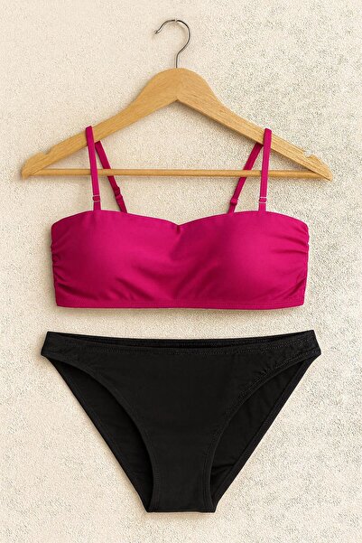 RAPAPA Women's Fuchsia Strapless Bikini Set – Black Bottom, Adjustable Straps 1440-60