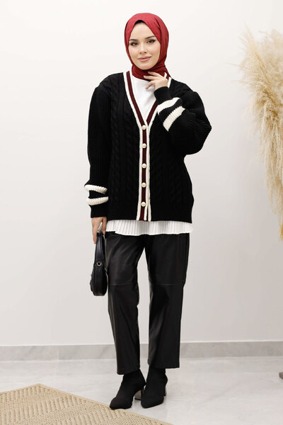 Tesettür Dünyası Hair Braid Patterned Knitwear Cardigan Tsd250255 Black
