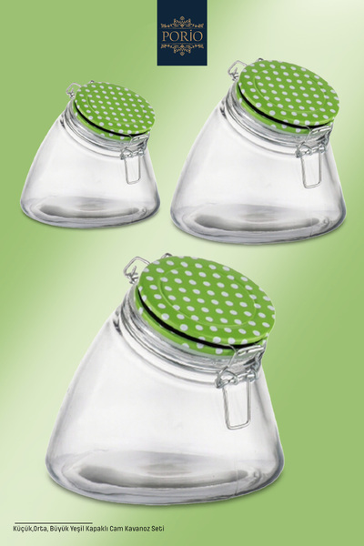 Porio Contalı Hava Geçirmez Kilitli Yeşil Puantiye Desen 1100ml,1700ml,2750ml...