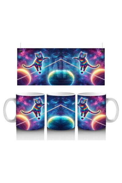 Wisdom Rain Rainbow Cat Patterned Mug Cup Walking on a Rope in Space, Which M...