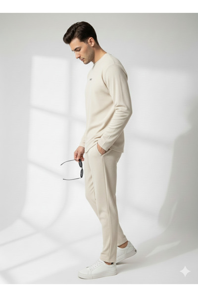 ribana Unisex Crew Neck Embossed Printed Inside Cotton Pocketed Top and Bottom Set