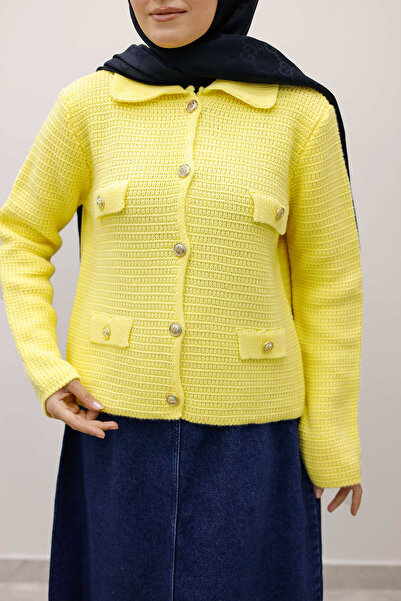 Tesettür Dünyası Ornamental Pocketed Knitwear Cardigan Tsd250243 Yellow