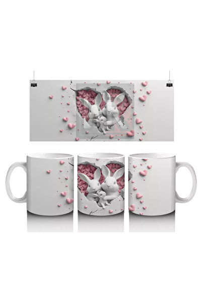 Wisdom Rain أرنب مزدوج ينظر إلى خلفية منقوشة على شكل قلب - كوب قهوة مطبوع
