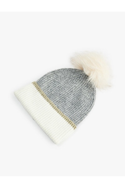 Koton Pon Pon Detailed Layered Color Block Knitted Beanie