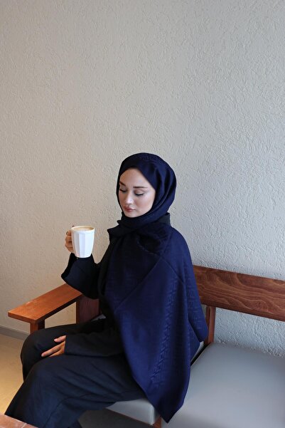 Şalland F Pattern Wool Cashmere Shawl Navy Blue