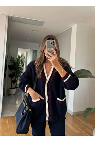 My Blog Navy Blue - Burgundy Colored Pocket Cardigan - 241143