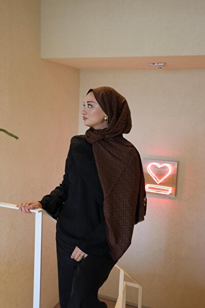 Şalland F Pattern Wool Cashmere Shawl Chocolate Brown