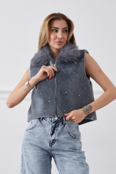 DPARİS Pearl Detailed Zippered Fur Vest