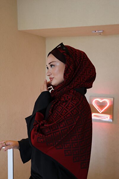 Şalland F Pattern Wool Cashmere Shawl Burgundy Black