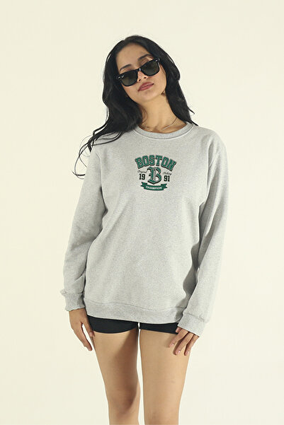 EydaMoon Γυναικείο χειμερινό φούτερ Boston με τύπωμα Regular Cotton Crew Neck