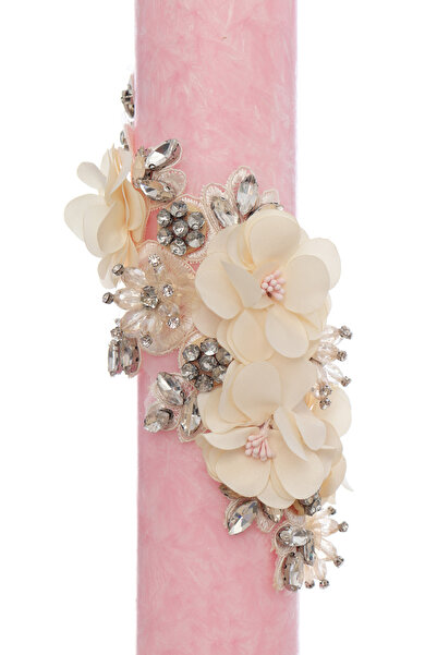 Recostore Marbled candle for baptism, pink with ivory floral details, 35x6 cm, REC5001/27