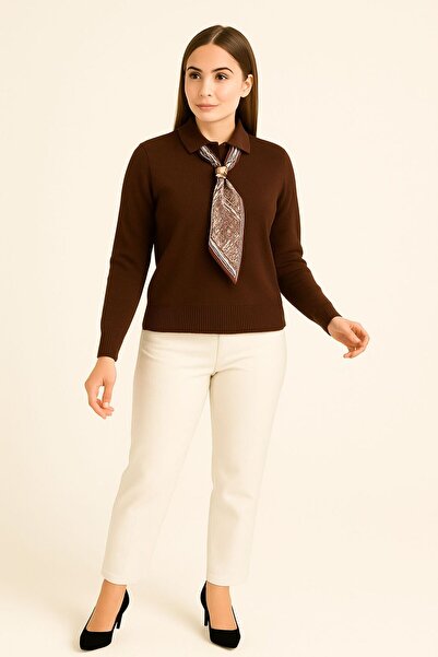 HİRA LİFE FASHİON Γυναικείο πλεκτό πουλόβερ με λεπτομέρεια φουλάρι και λαιμόκ...