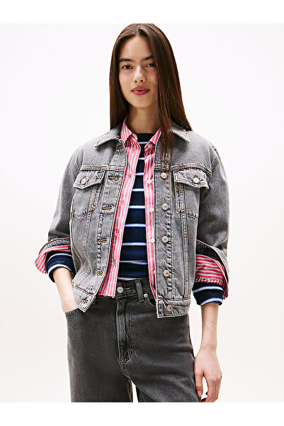 Tommy Hilfiger Kadın Rahat Kalıp Çok Cepli Jean Ceket - Eskitme Gri