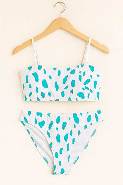 RAPAPA Women's White Turquoise Patterned Bikini Set – Strapless Top, Thin Straps 1440-59