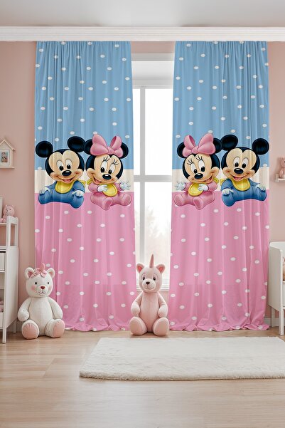 EVPANYA Рожево-блакитна дитяча штора з малюнком Міккі Мауса та Мінні (ціна за одне крило)