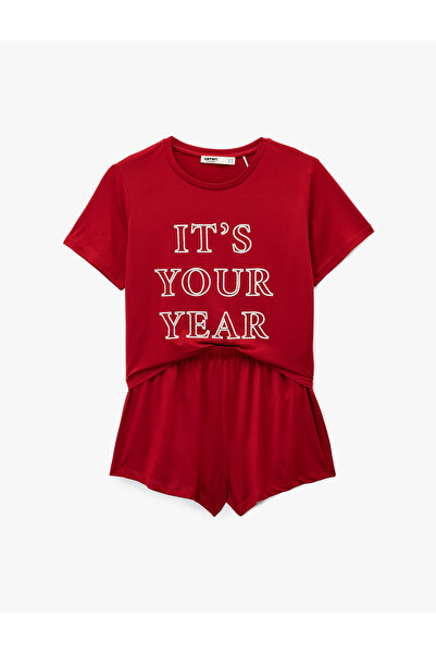 Koton Comfortable Fit Short Sleeve Crew Neck Christmas Pajama Set with Shorts