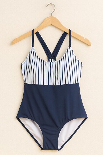 RAPAPA Women's Navy Blue and White Striped One-Piece Swimsuit – Cross Strap Sporty Model 1128-L