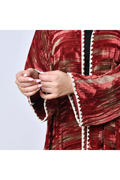 HAWRAA ABAYA Luxurious red velvet winter abaya – embellished design from Hawraa Abayas