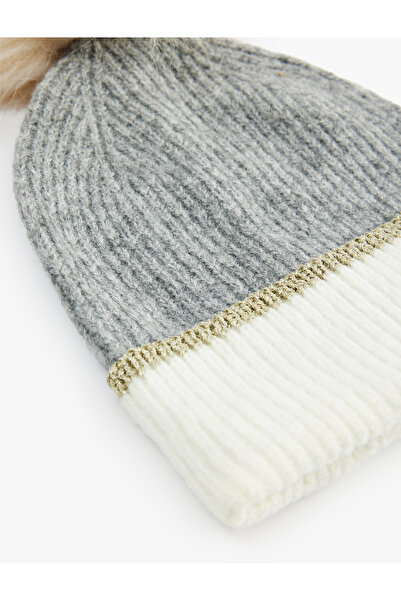 Koton Pon Pon Detailed Layered Color Block Knitted Beanie