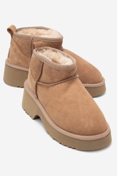 LuviShoes Ary Tan Suede Genuine Leather Fur Platform Sole Women's Mini Boots