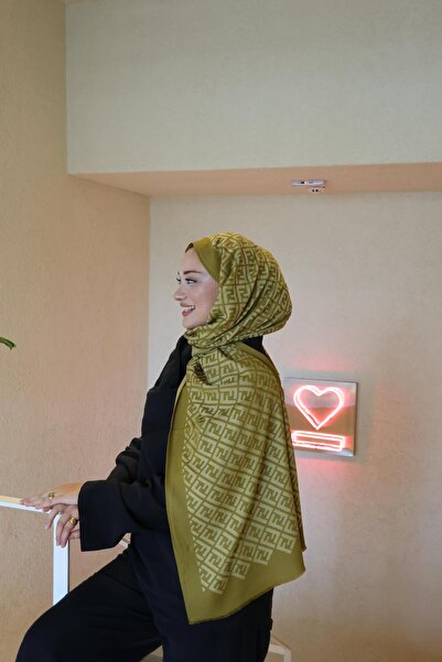 Şalland F Pattern Wool Cashmere Shawl Oil Green