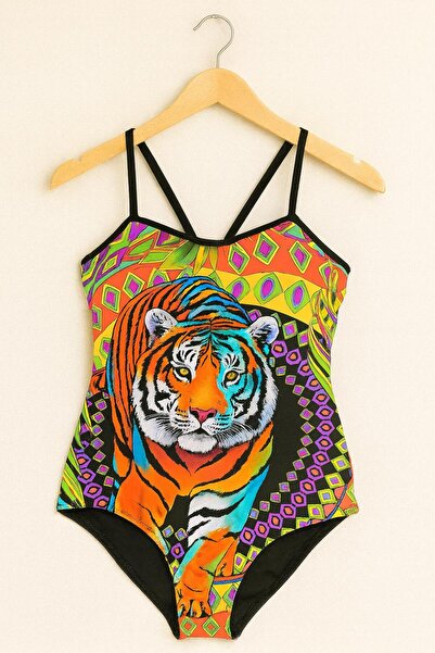 RAPAPA Women's Digital Tiger Print Colorful One-Piece Swimsuit – Thin Straps 20351