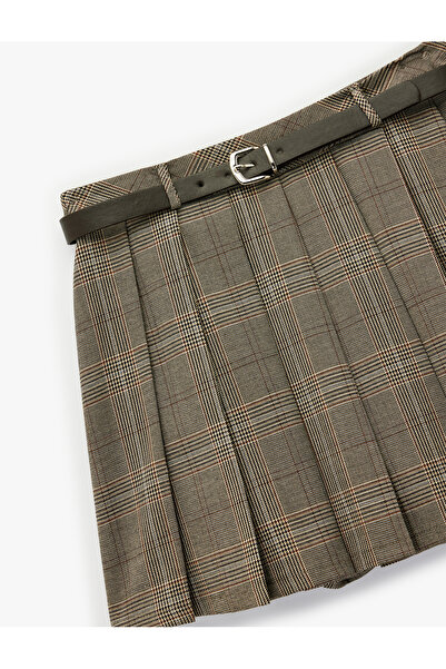 Koton Viscose Blend Thick Pleated Plaid Mini Skirt with Belt Detail