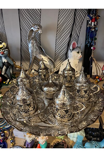 Atak Hediyelik 6-Person Hammered Silver-Plated Copper Cup Set with Tray, Turk...
