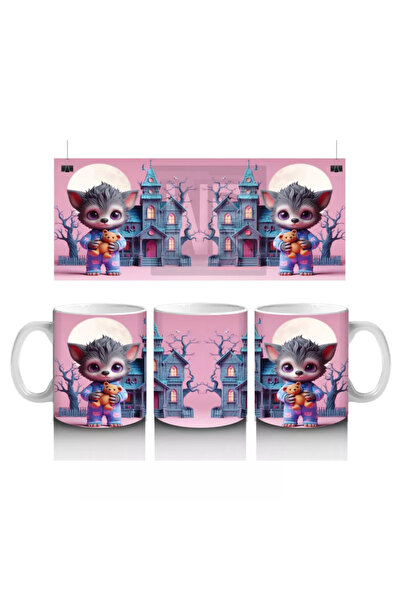 Wisdom Rain Pink Halloween Printed Mug with Cute Witch Girl Figure in Front of Haunted Castle