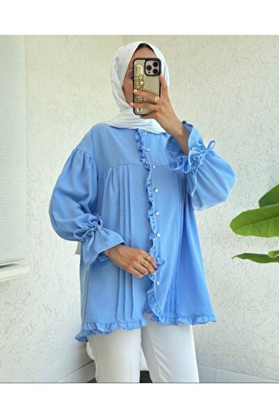 Modamorfo Modal Fabric Shirt with Lace-Up Sleeves and Stone Buttons - Blue