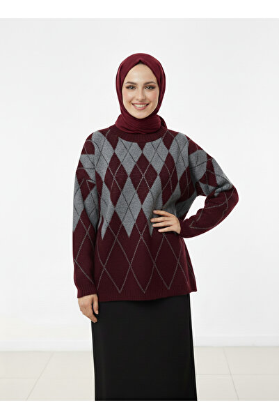 MİHRA STORE Fionna Baklava Patterned Knitwear Sweater-Zi̇5589 Burgundy