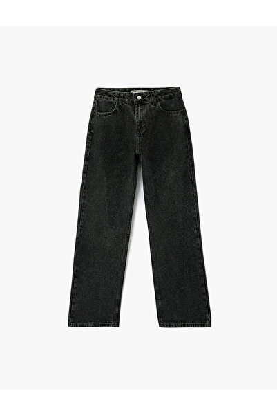 Koton Düğmeli Cepli Pamuklu Normal Bel Düz Paça Taşlı Jean Pantolon - Straight Fit Jean