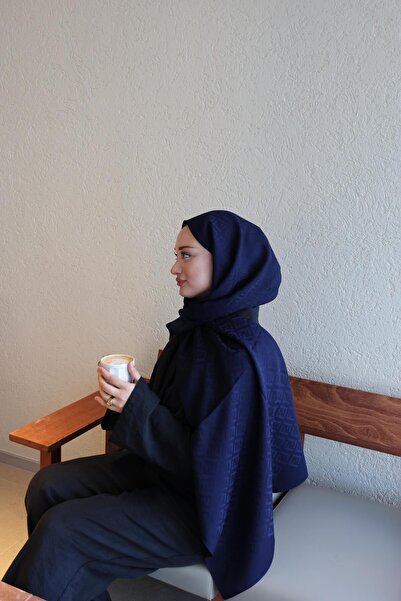 Şalland F Pattern Wool Cashmere Shawl Navy Blue