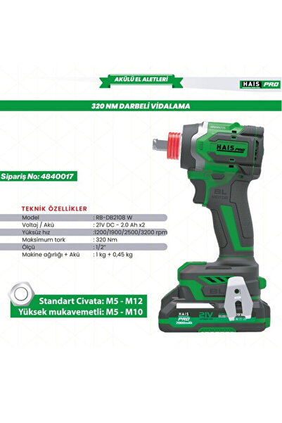 hais pro HAISPRO AKÜLÜ VİD.DARB. 320NM 21V 2.0AH RB-SD2108W