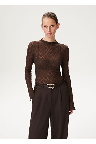 Vera Tekstil Kadın,Kahverengi Dantel Transparan Flare Kol Bluz