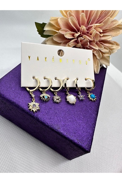 Yakemiyou 6 Piece Blue Color Combined Eye Steel Earring Set