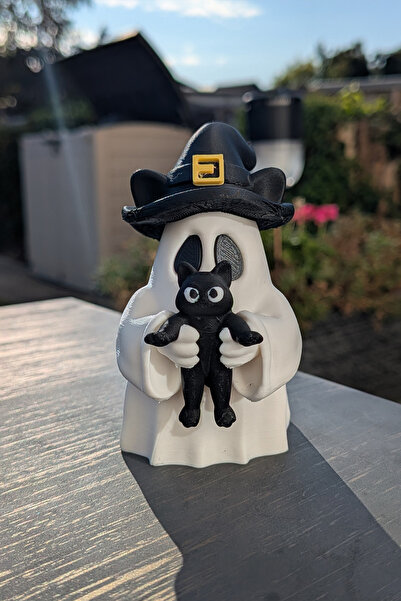 Sevimli Hayalet ve Uğurlu Kara Kedi Figürü - Witch Ghost & Black Cat