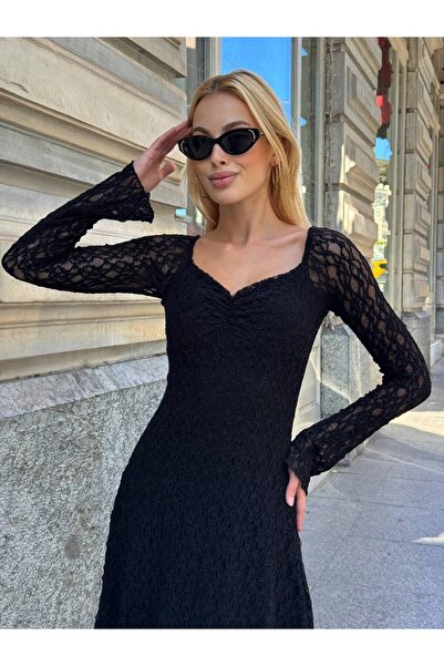 Stile Bella فستان نسائي قصير للحفلات بأكمام طويلة من الدانتيل الإسباني وياقة قارب