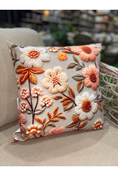 Ekodoğa 3D Dijital Baskı 2'Li Gri Zemin Üzerine Turuncu Çiçekli Kırlent Kılıfı