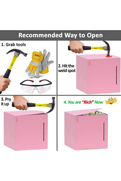 RUBIK Piggy Bank for Adults, Stainless Steel, Must Break to Access (6 Inch) - Pink