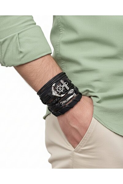 AB Takı DENİZCİ ÇAPA VE BALTA FİGÜRLÜ 5 ADET HAKİKİ DERİ BİLEKLİK ERKEK BİLEK...