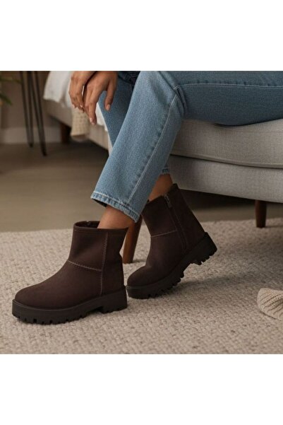 NE&VE SHOES Γυναικείες μπότες καφέ σουέντ από γνήσιο δέρμα με βελούδινη επένδυση