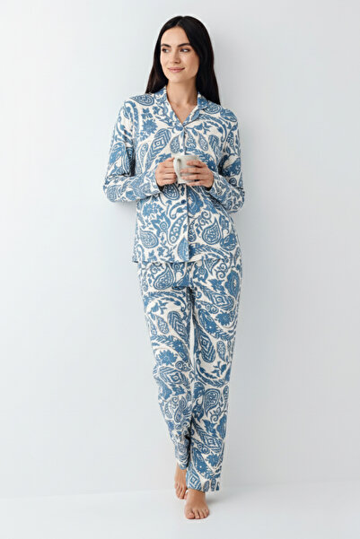 Pierre Cardin Women's Blue Shirt Collar Buttoned Modal-Cotton 2-Piece Pajama Set Vr.11.P90.C76.Y01