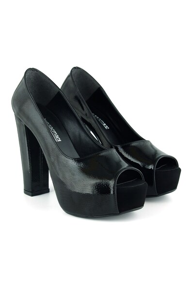 Erkan Saçmacı Carolina Black Patent Leather Open Front Round Toe Thick Platform Heeled Evening Dress Shoes